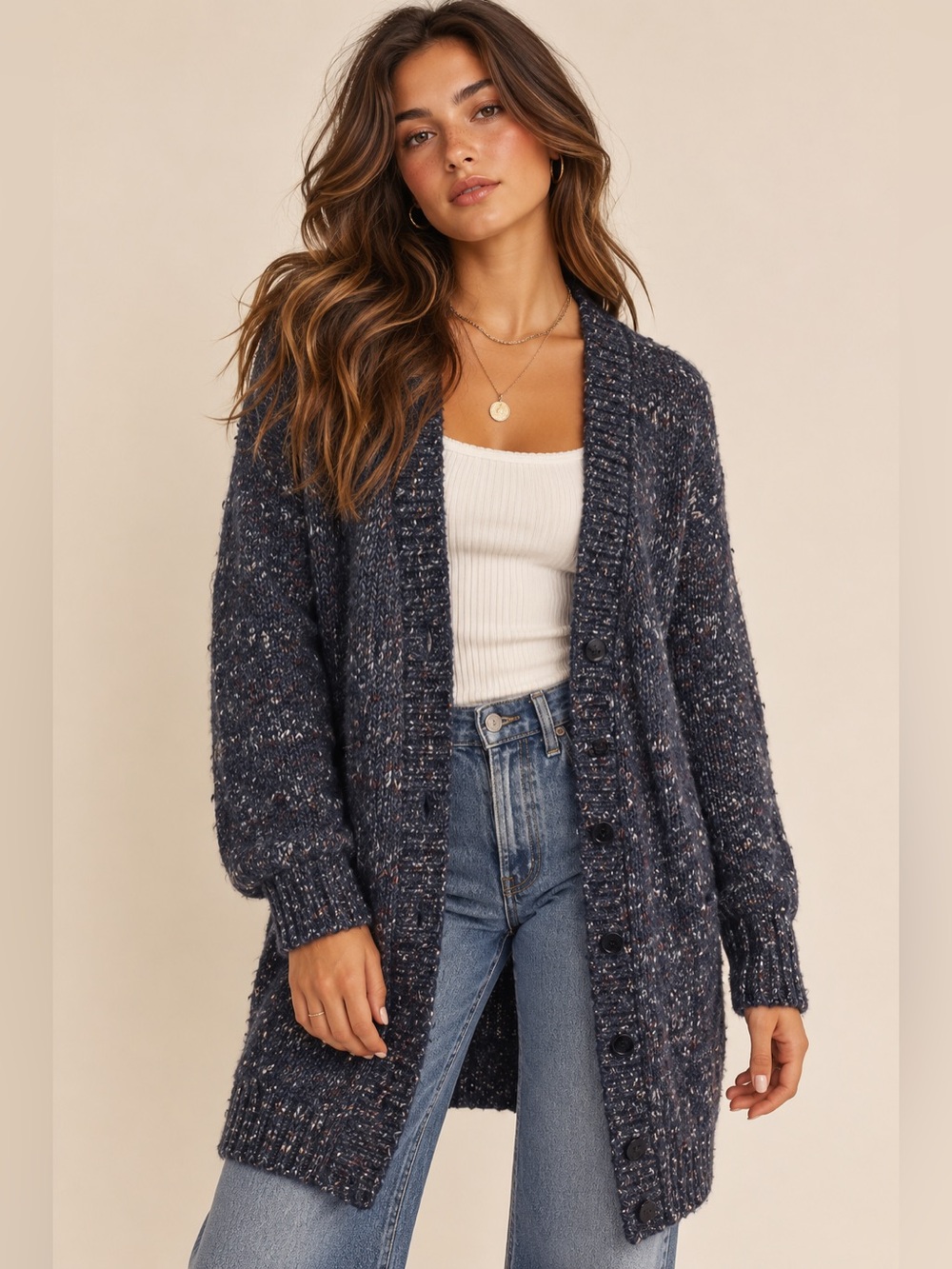 J.Crew Merino Wool Alpaca Silk Long Cardigan Sweater Speckled Blue Navy Small